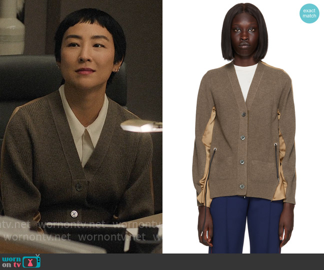 Sacai Paneled Cardigan worn by Stella Bak (Greta Lee) on The Morning Show