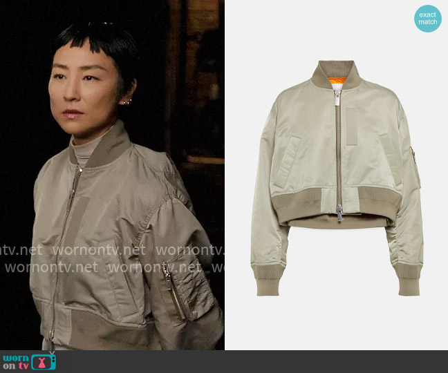 Sacai Satin varsity jacket worn by Stella Bak (Greta Lee) on The Morning Show
