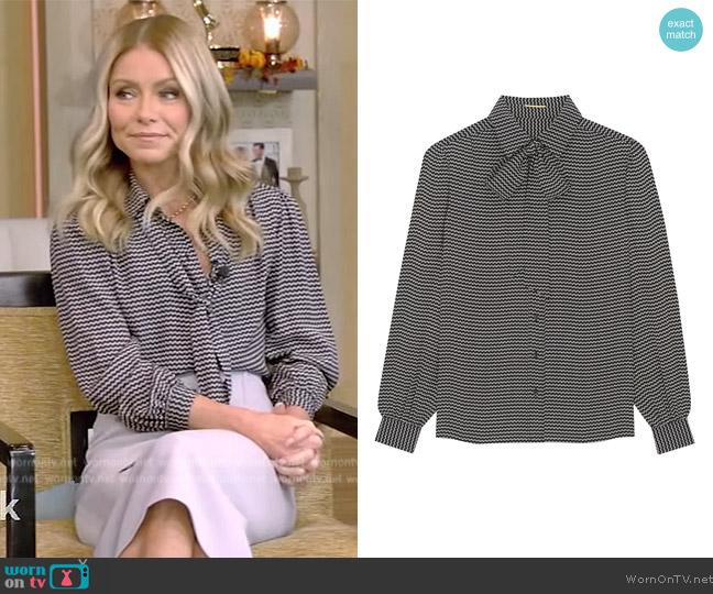 Saint Laurent Lavalliere Neck Blouse worn by Kelly Ripa on Live with Kelly and Mark
