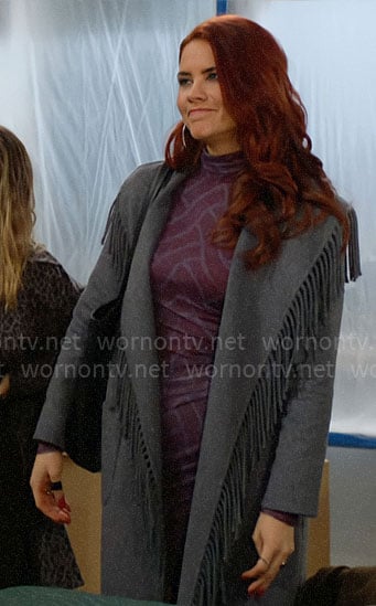 Sally’s long grey fringed trim coat on The Young and the Restless