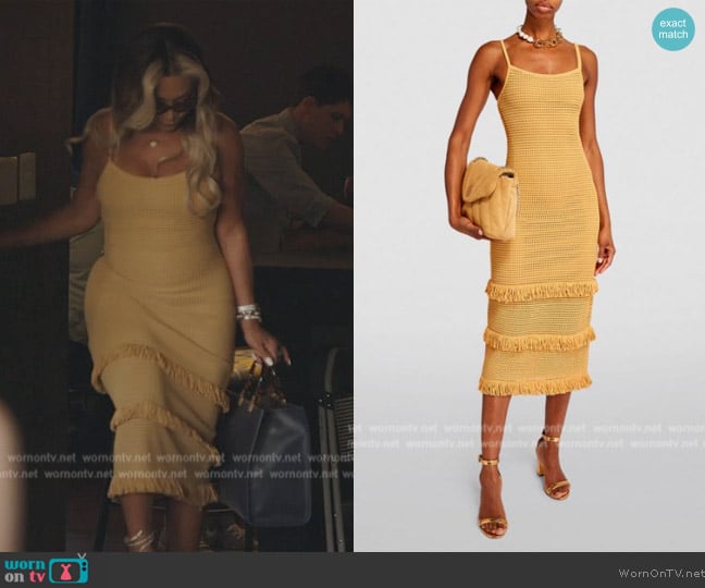 Sandro Crochet Fringe Midi Dress worn by Karen Huger on The Real Housewives of Potomac