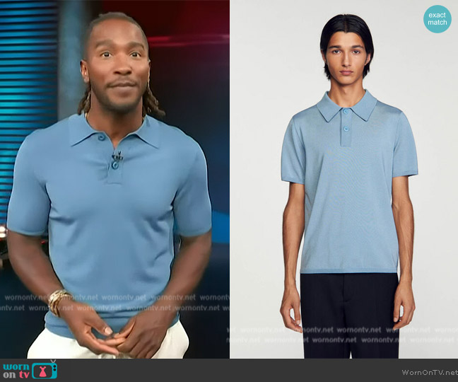 Sandro Short-sleeve knitted polo shirt worn by Scott Evans on Access Hollywood