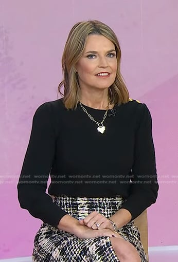 Savannah’s black button shoulder sweater and plaid skirt on Today