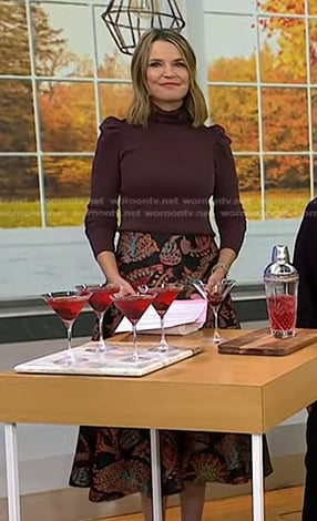 Savannah’s brown turtleneck top and black floral jacquard skirt on Today