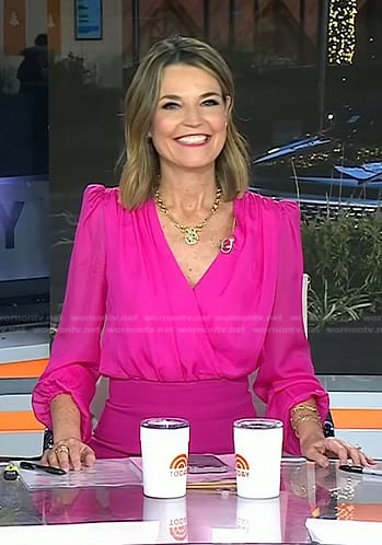 Savannah’s pink wrap blouse and pants on Today