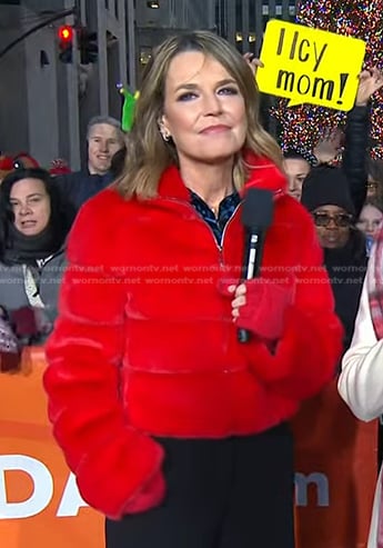 Savannah’s red fur puffer jacket on Today