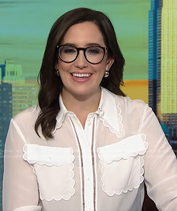 Savannah’s white scalloped pocket blouse on NBC News Now