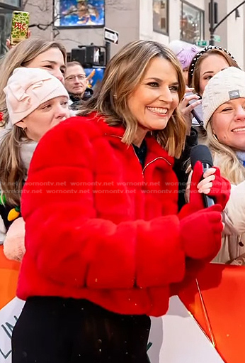 Savannah’s red fur puffer jacket on Today