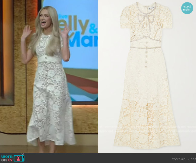 Self Portrait Crystal-embellished corded guipure lace midi dress worn by Paris Hilton on Live with Kelly and Mark