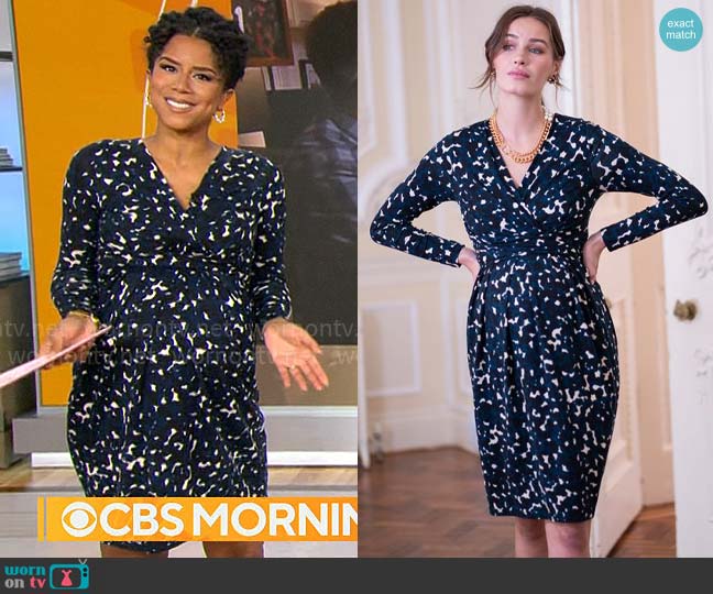 Seraphine Navy Print Jersey Maternity & Nursing Dress worn by Adriana Diaz on CBS Mornings