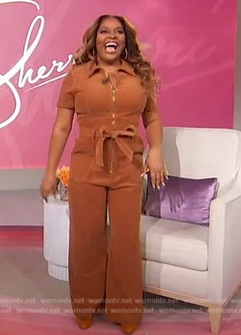 Sherri’s brown corduroy zip jumpsuit on Sherri