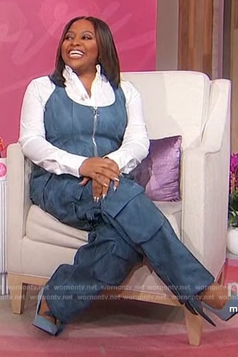 Sherri’s blue marble corset top and utility pants on Sherri