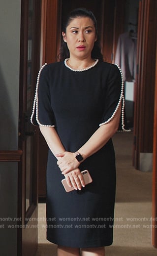 Sherri’s black pearl trim dress on All Rise
