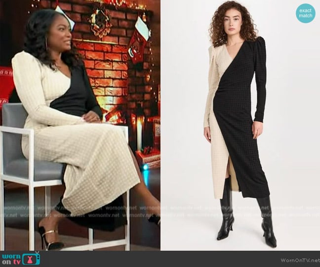 Stella Nova Odina two-tone wrap dress worn by Tatyana Ali on Access Hollywood