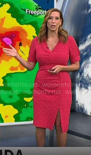 Stephanie Abrams’ pink v-neck ruched front dress on CBS Mornings