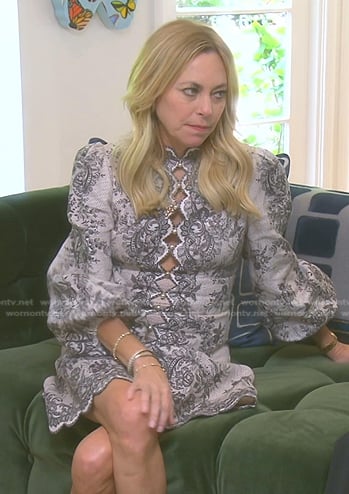Sutton’s grey floral scalloped trim dress on The Real Housewives of Beverly Hills