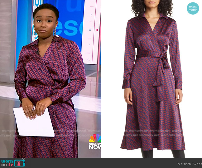 Tahari ASL Geo Print Tie Front Long Sleeve Satin Shirtdress worn by Zinhle Essamuah on NBC News Daily