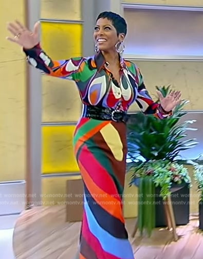 Tamron’s abstract print top and skirt on Tamron Hall Show