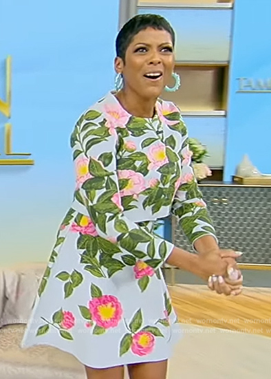 Tamron’s blue floral print dress and cardigan on Tamron Hall Show