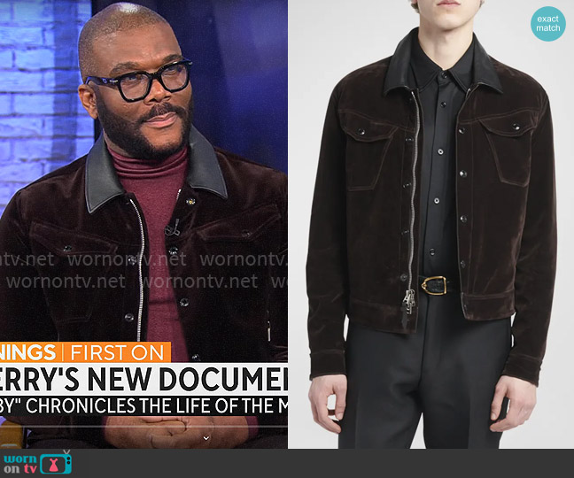 Tom Ford Flocked Denim Western Jacket with Leather Collar worn by Tyler Perry on CBS Mornings