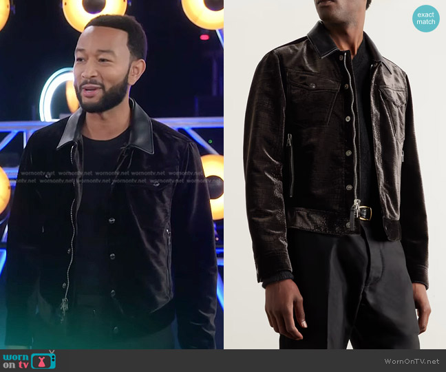 Tom Ford Leather-Trimmed Croc-Effect Velvet Jacket in Brown worn by John Legend on The Voice