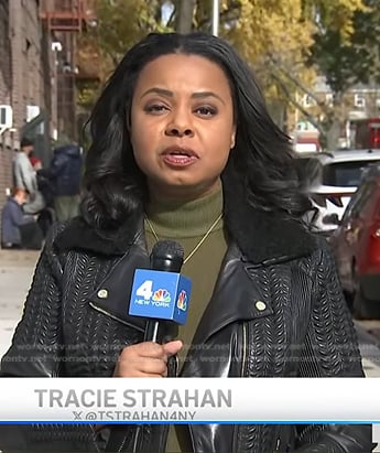 Tracie Strahan’s black leather moto jacket on NBC News Daily