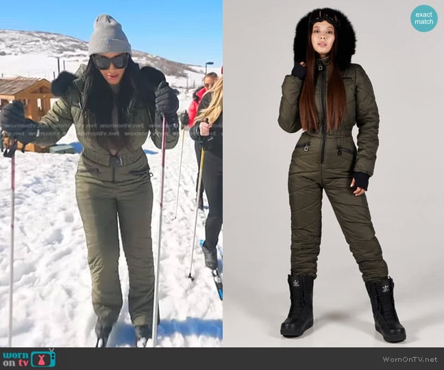 UpWear and Suits One Piece Snow Suit in Olive worn by Monica Garcia on The Real Housewives of Salt Lake City