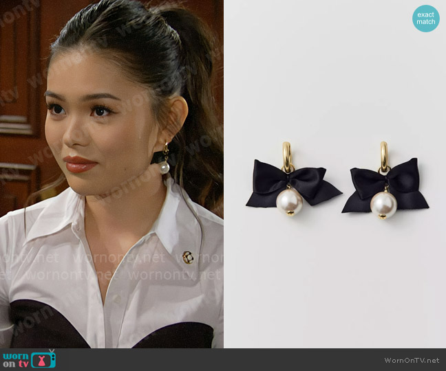 Urban Outfitters Pearl Bow Mini Hoop Earring worn by Luna (Lisa Yamada) on The Bold and the Beautiful
