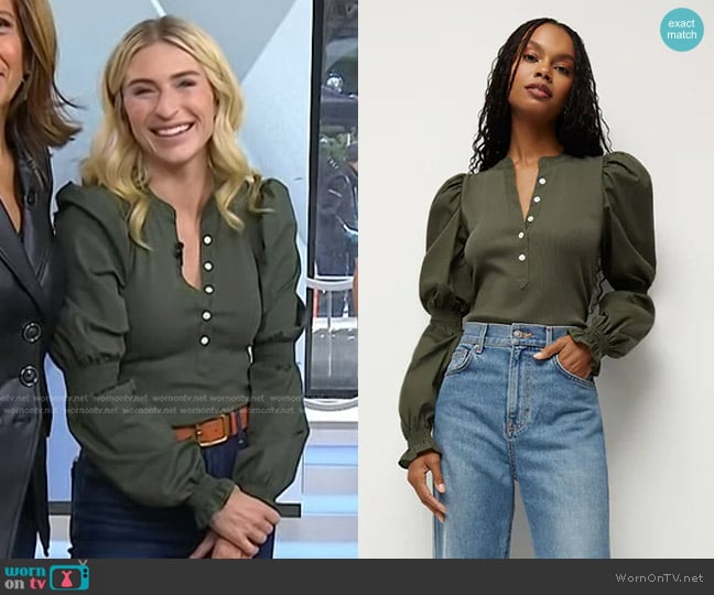 Veronica Beard Effty Poet-Sleeve Cotton Top in Army worn by Jasmine Roth on Today