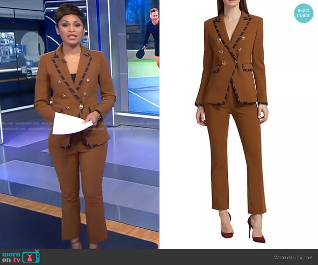 Veronica Beard Miller Striped-Trim Dickey Jacket in Dark Ochre worn by Jericka Duncan on CBS Evening News