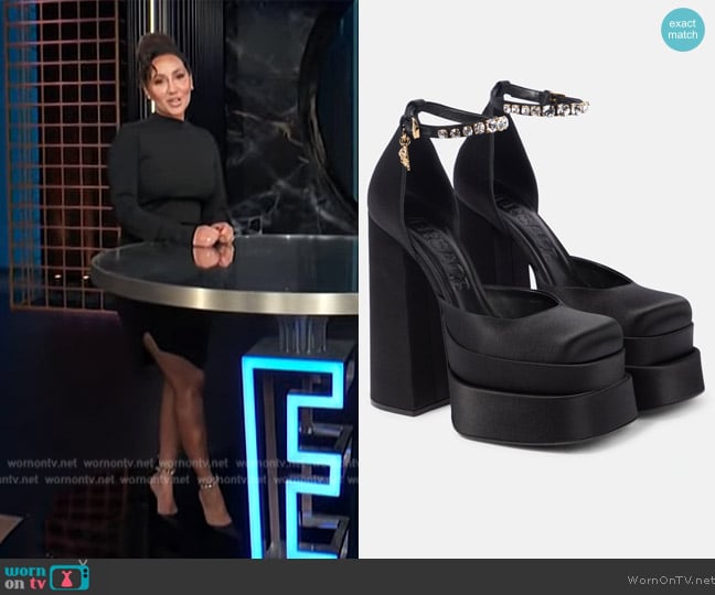 Versace Medusa Aevitas satin platform pumps worn by Adrienne Houghton on E! News