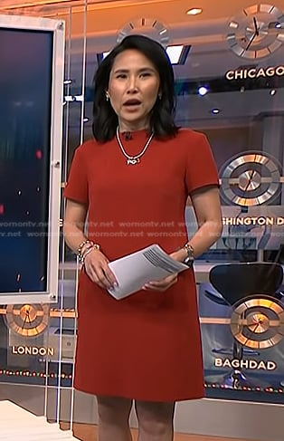 Vicky’s red short sleeve shift dress on NBC News Daily