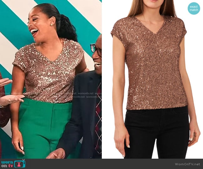 Vince Camuto Sequin Cap Sleeve Top in Fox Trot worn by Sheinelle Jones on Today