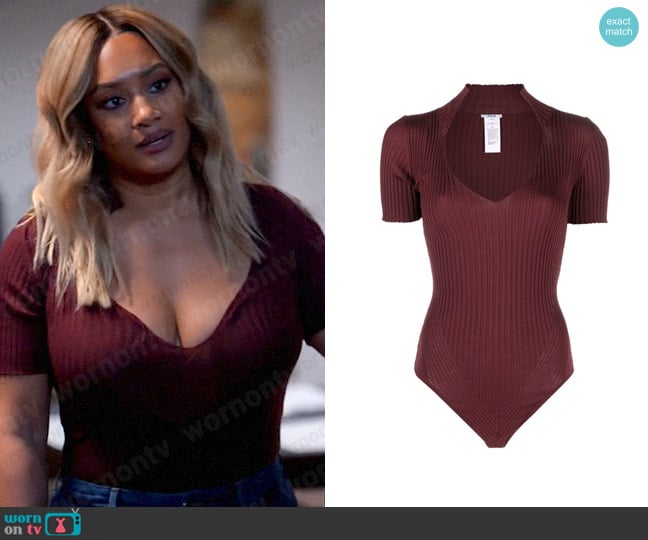 Wolford Short-sleeve ribbed-knit bodysuit worn by Fatima (Crystal Hayslett) on Tyler Perrys Sistas