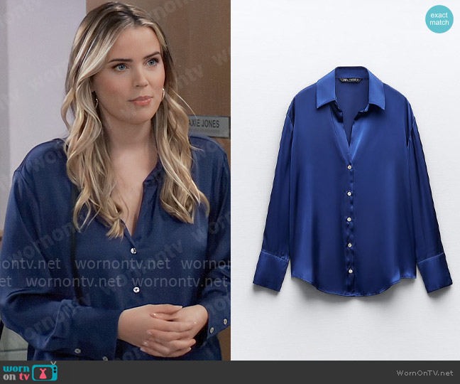 Zara Flowy Satin Effect Shirt in Blue worn by Sasha Gilmore (Sofia Mattsson) on General Hospital