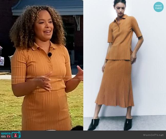Zara Ribbed Polo Top in Light Camel worn by Antonia Hylton on Today