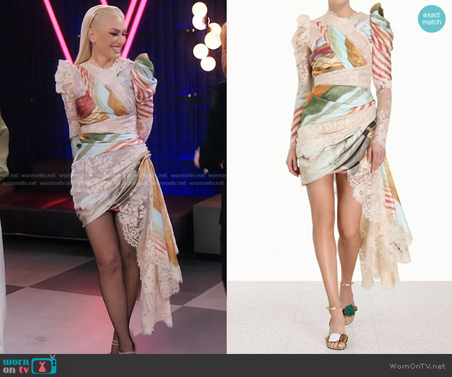 Zimmermann Luminosity Lace Drape Minidress worn by Gwen Stefani on The Voice