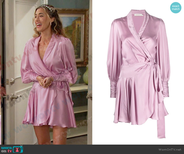 Zimmermann Silk Wrap Mini Dress in Musk worn by Sloan Peterson (Jessica Serfaty) on Days of our Lives
