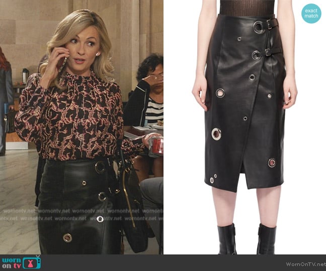 Altuzarra Grommet Wrap-Front Leather Skirt worn by Amy Quinn (Lindsey Gort) on All Rise