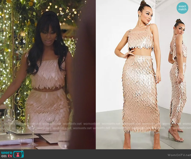 ASOS Crop cami top in teardrop sequin in blush worn by Guerdy Abraira (Guerdy Abraira) on The Real Housewives of Miami