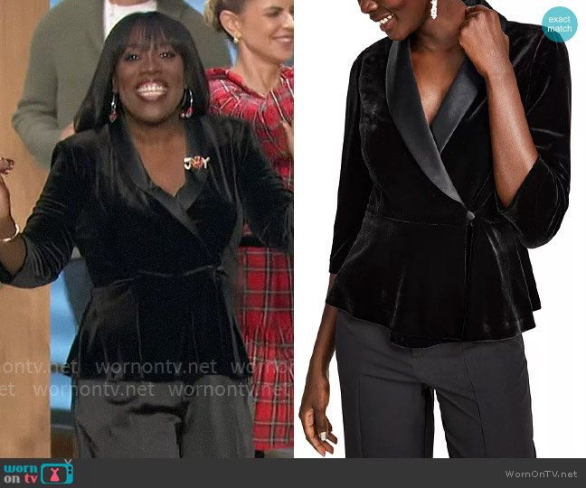 Alex Evenings Satin-Collar Velvet Peplum Top worn by Sheryl Underwood on The Talk