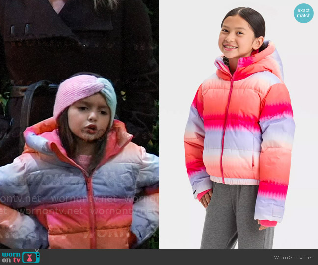 All In Motion Girls' Puffer Jacket in Pink worn by Donna Corinthos (Scarlett Spears) on General Hospital