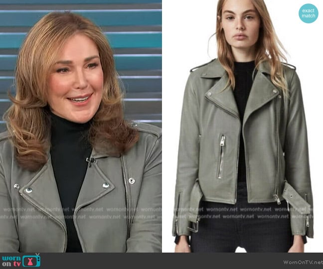All Saints Balfern Leather Biker Jacket worn by Peri Gilpin on Access Hollywood