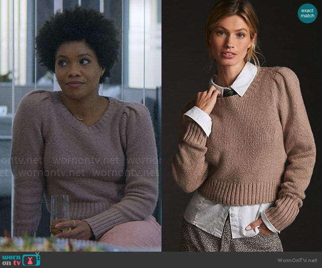 Maeve Crewneck Puff-Sleeve Sweater in Neutral worn by Nella Rogers (Sinclair Daniel) on The Other Black Girl