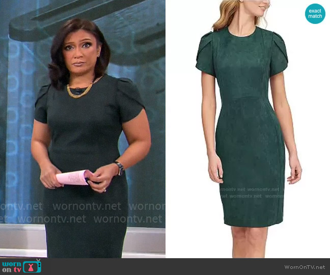 Calvin Klein Faux-Suede Tulip-Sleeve Sheath Dress worn by Elaine Quijano on CBS Mornings