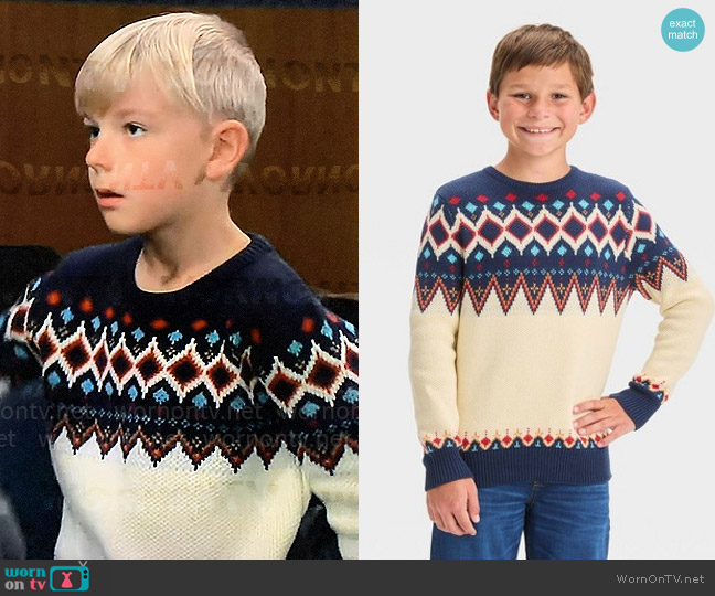 Cat & Jack Holiday Fair Isle Pullover Sweater worn by Wiley Corinthos (Viron Weaver) on General Hospital