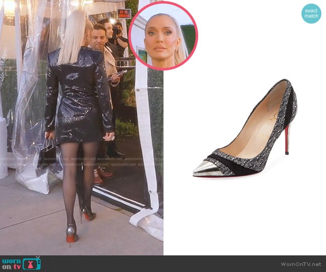 Christian Louboutin Eklectica Metallic Mixed-Media Red Sole Pumps worn by Erika Jayne on The Real Housewives of Beverly Hills