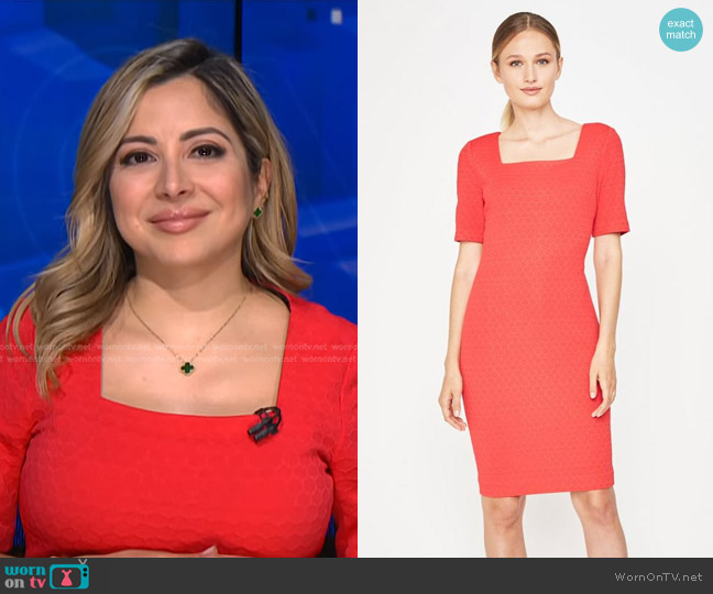 Elie Tahari Lowell Jacquard Short Sleeve Dress in Blaze Red worn by Silvana Henao on NBC News Daily