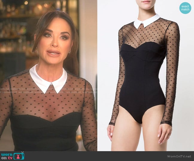 Fleur Du Mal Dotted Tulle collared bodysuit worn by Kyle Richards on The Real Housewives of Beverly Hills