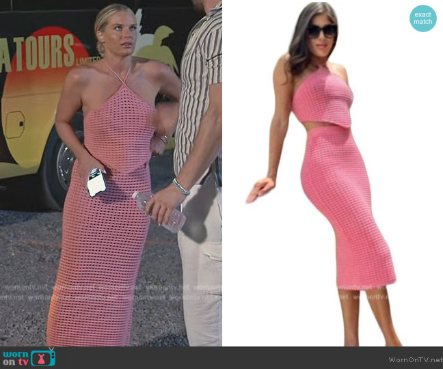 Gianni Bini Edie Crochet Halter Neck Top and Skirt worn by Madison LeCroy on Southern Charm